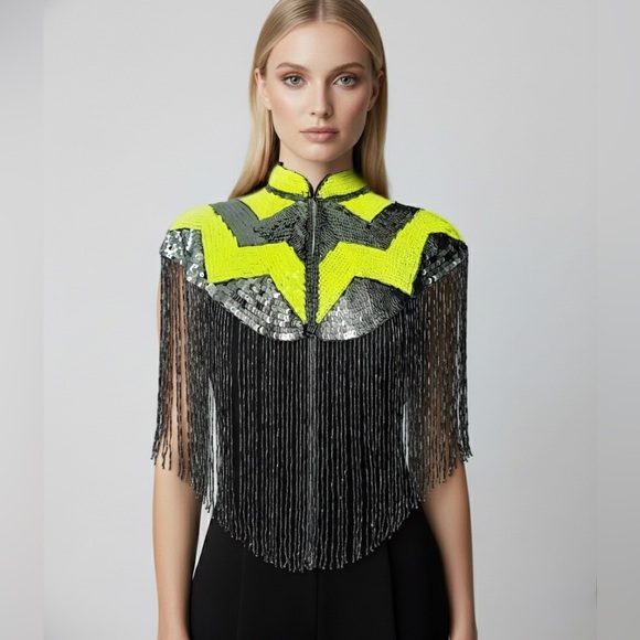 Neon Gunmetal Sequin Fringe Cape - Picture 2 of 4